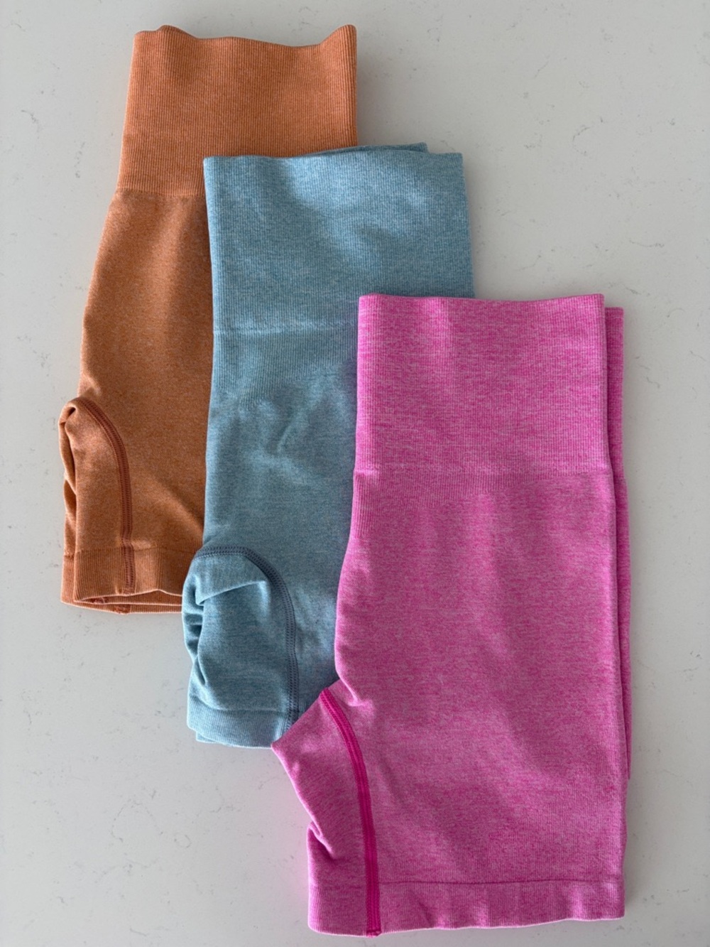 Trio of Seamless Activewear Shorts in Sherbet colors - Pink, Blue, and Orange